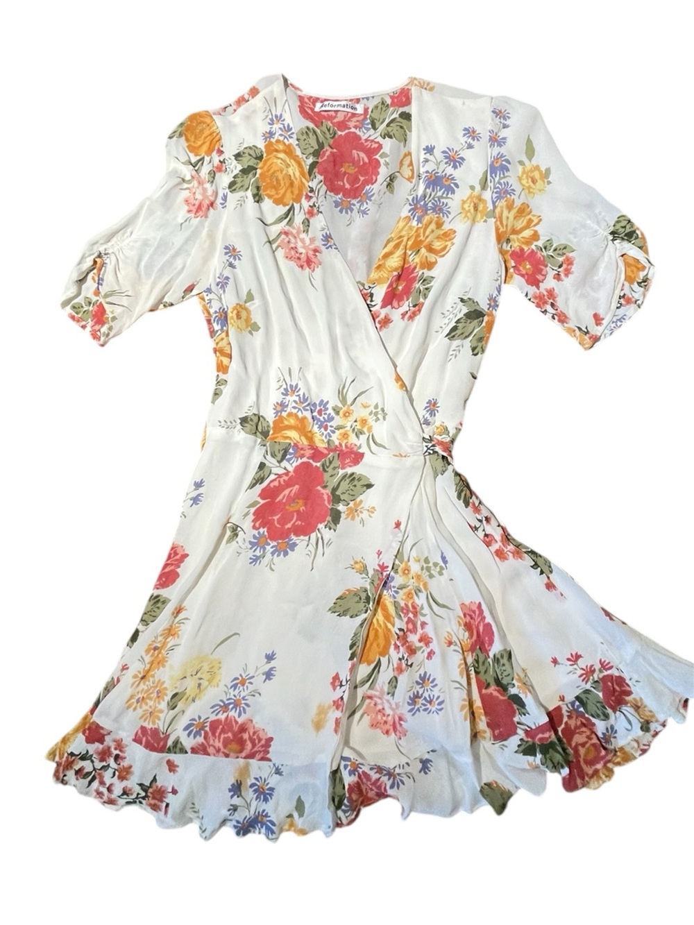 Reformation Floral Wrap Dress - White with Pink & Yellow Blossoms Small